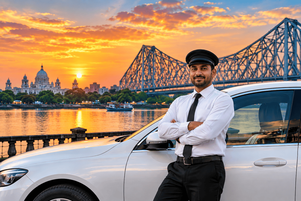 How to Hire a Reliable Driver Service in Kolkata Professional chauffeur and luxury car at sunset in Kolkata with Howrah Bridge and riverside background.