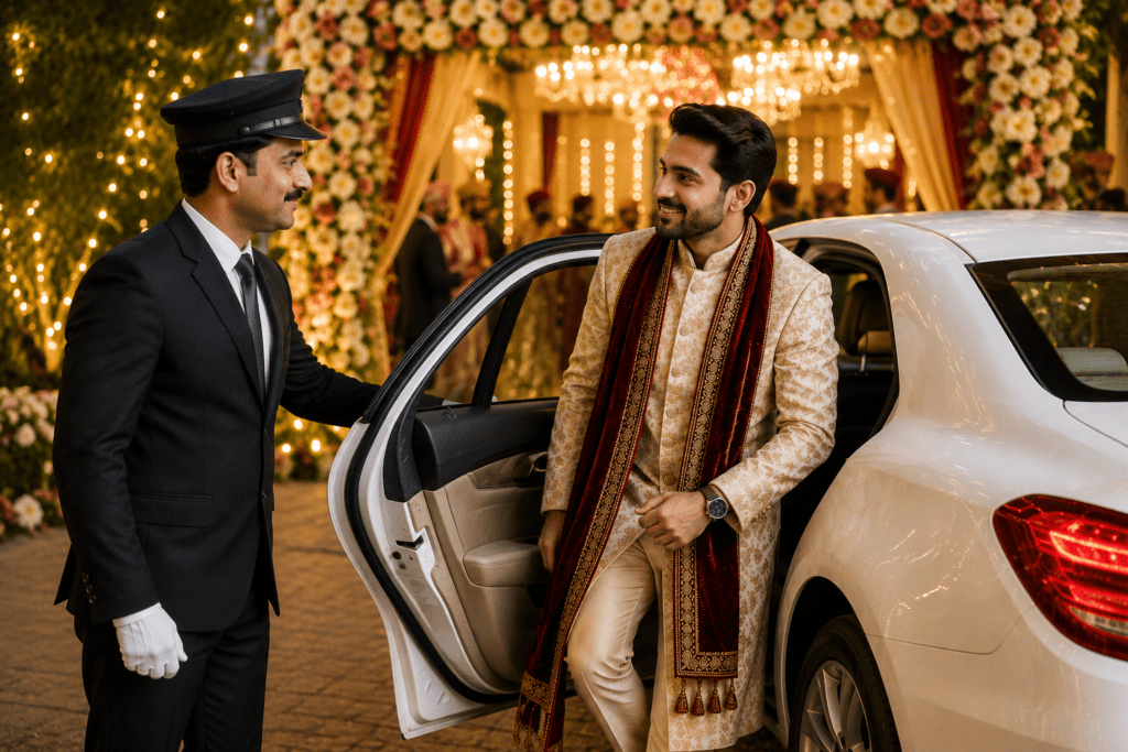 Professional driver assisting guests at a wedding event in Kolkata