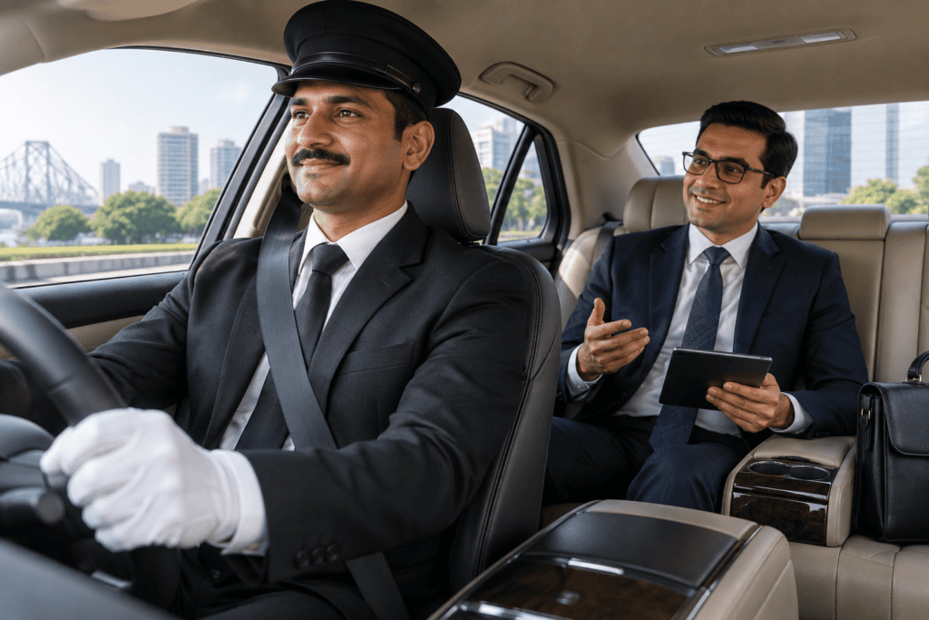 Professional corporate driver assisting business passenger in Kolkata